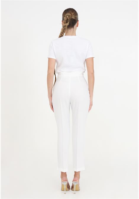 Straight white women's trousers in stretch crepe with horsebit ELISABETTA FRANCHI | PA02341E2360